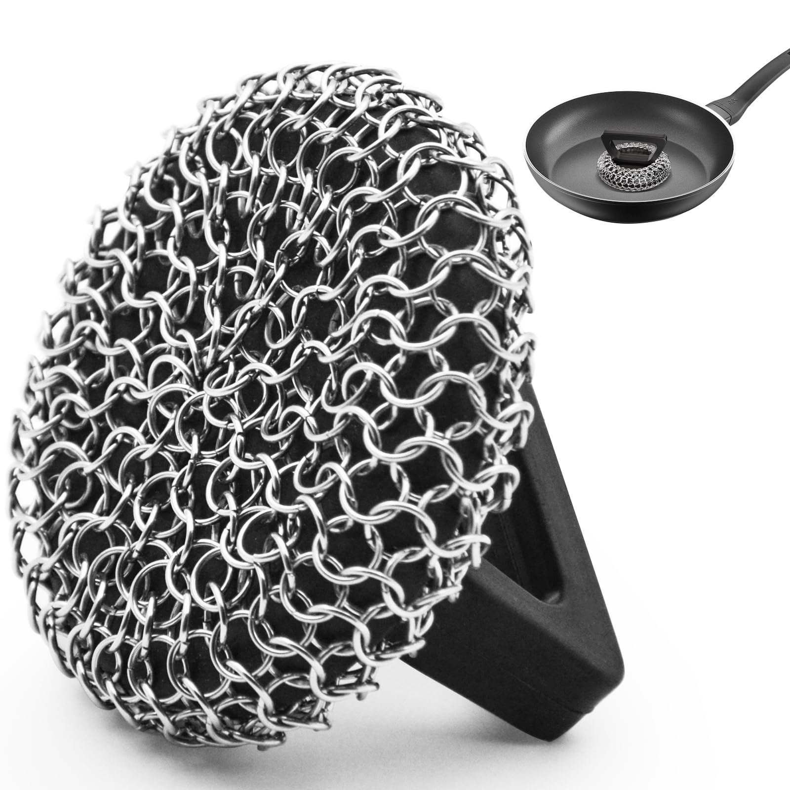 Amagabeli Cast Iron Cleaner with Handle Stainless Steel Chainmail Pan Scrubber for Cast Iron Skillet Cleaner Chain Mail Scrubber Brush Pan Pot Wok Griddles BBQ Grills